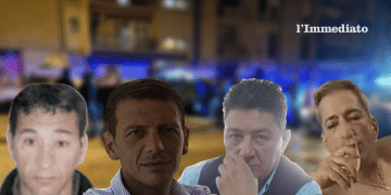 Raffaele Tolonese, Giuseppe Trisciuoglio, Federico Trisciuoglio e Salvatore Prencipe; sullo sfondo, il luogo dell'omicidio Prencipe