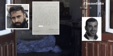 Gianluigi Troiano, la lettera e Omar Trotta; sullo sfondo, il luogo dell'omicidio