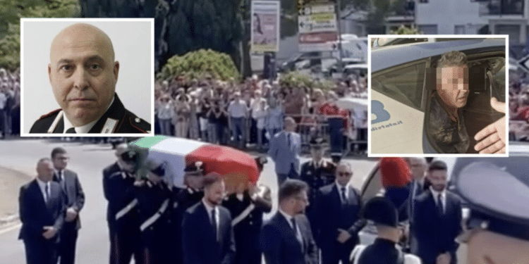 Legrottaglie e Giannattasio; sullo sfondo, i funerali del carabiniere