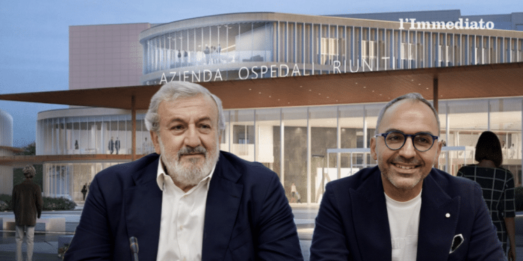 Emiliano e Piemontese; sullo sfondo, il progetto del monoblocco
