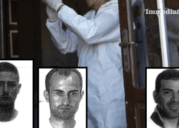Bonsanto, Troiano e Trotta; sullo sfondo, il luogo dell'omicidio e i rilievi dei carabinieri