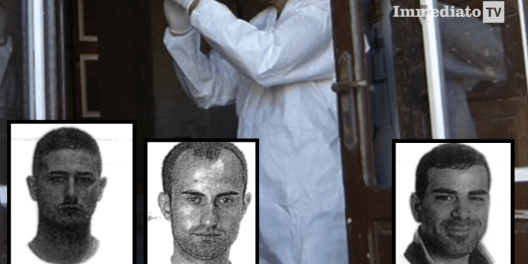 Bonsanto, Troiano e Trotta; sullo sfondo, il luogo dell'omicidio e i rilievi dei carabinieri