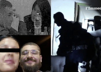 In alto, Miucci con la moglie Scarabino (anche lei imputata) nella sala colloqui del carcere; sotto, Palumbo e Palena; a destra, un'immagine tratta dal video del blitz "Mari e Monti"