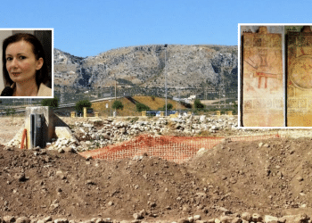 Lavori a Grotta Scaloria; nei riquadri, Valente e le stele daunie