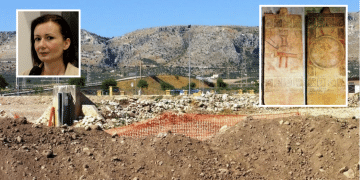 Lavori a Grotta Scaloria; nei riquadri, Valente e le stele daunie