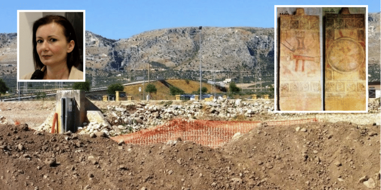 Lavori a Grotta Scaloria; nei riquadri, Valente e le stele daunie