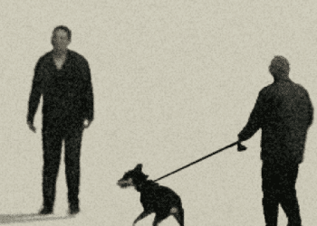 La locandina ritraente la ricostruzione della scena di Mario Nero con il cane mentre incrocia uno dei killer di Panunzio