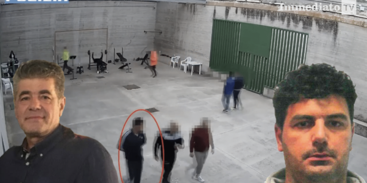 Francesco Notarangelo e Francesco Scirpoli; sullo sfondo, Scirpoli ripreso nel cortile del carcere