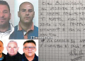 In alto, i fratelli Antonello ed Emiliano Francavilla; sotto, Ragno, Dei e Capotosto; a destra, un pizzino di Antonello Francavilla