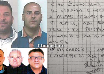 In alto, i fratelli Antonello ed Emiliano Francavilla; sotto, Ragno, Dei e Capotosto; a destra, un pizzino di Antonello Francavilla